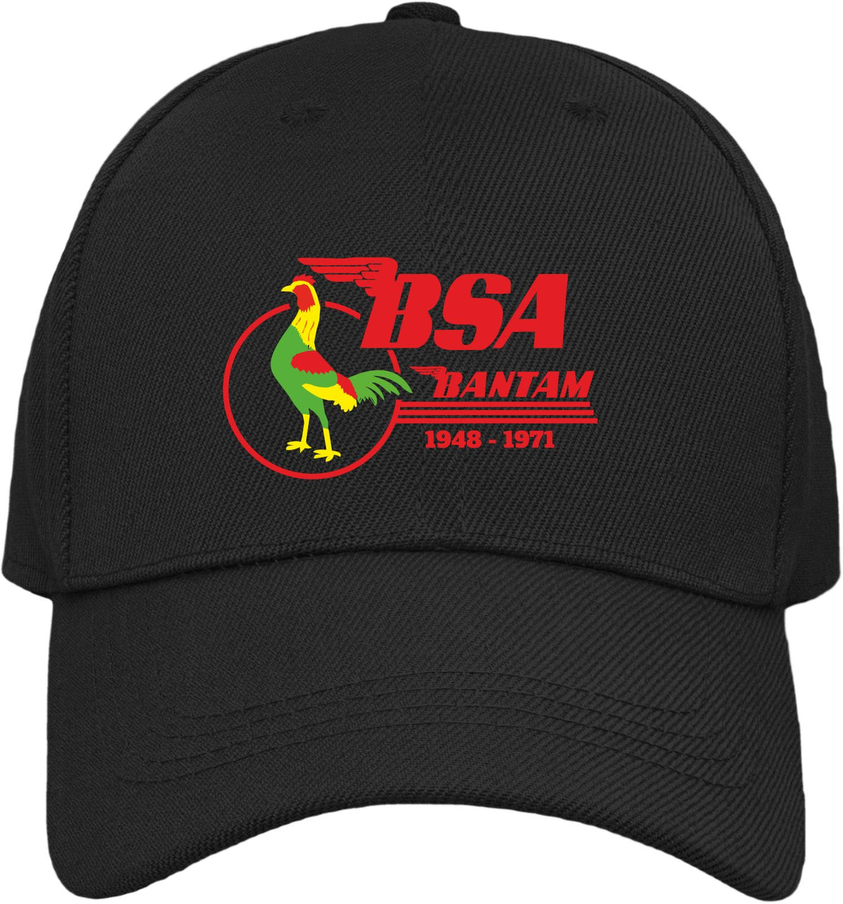 A black baseball cap featuring a red, green, and yellow embroidered BSA Rantam logo on the front, with '1948 - 1971' printed below.