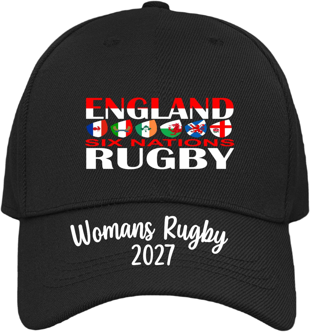 Black baseball cap with embroidered text reading 'ENGLAND SIX NATIONS RUGBY' and 'Womans Rugby 2027' on the front and brim, shown on a plain white background.