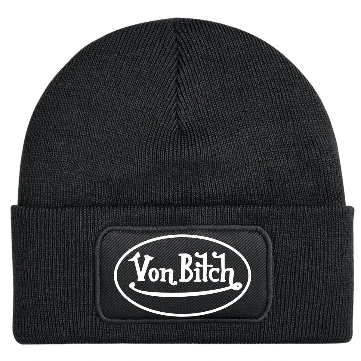 A black ribbed knit beanie hat featuring a rectangular black patch on the front cuff with the white text 'Von Bitch' inside an oval border.