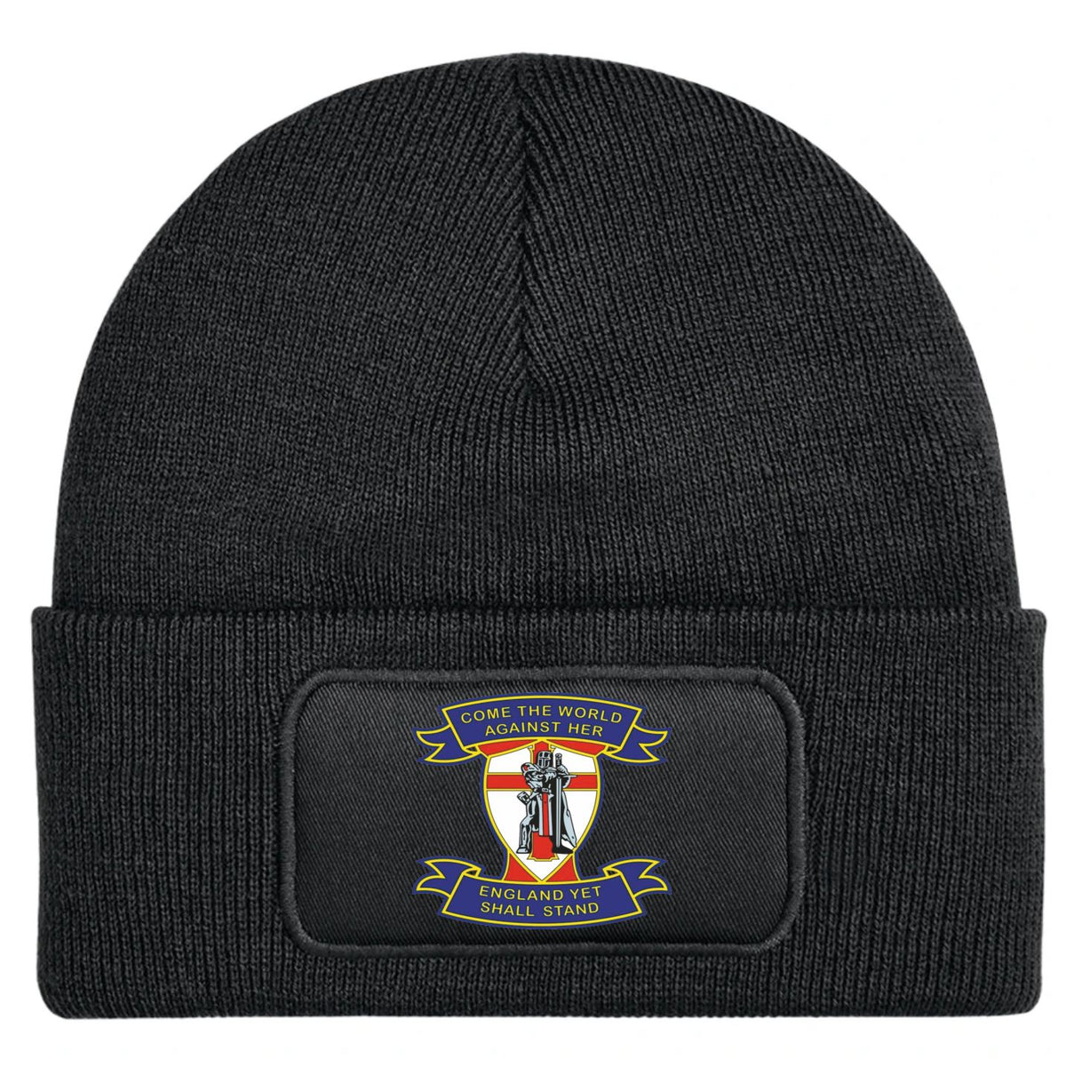 A black ribbed knit beanie with a folded cuff, featuring a rectangular patch on the front with the British Union Jack flag and the motto 'COME THE WORLD SHALL STAND' and 'ENGLAND YET STILL'.