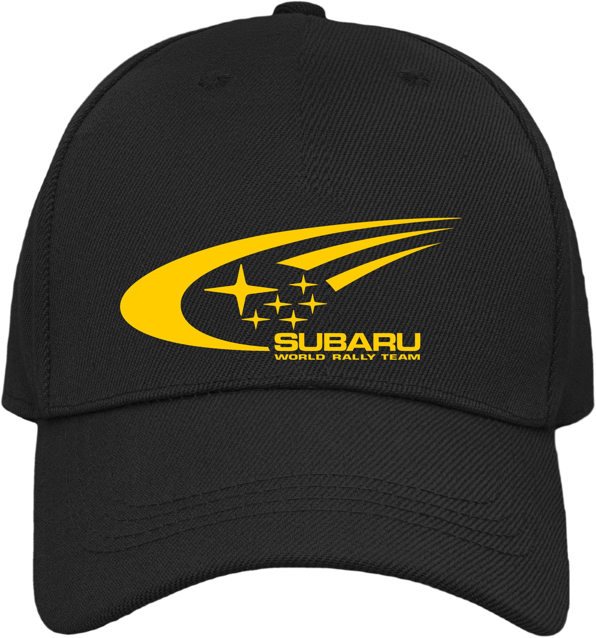 A black baseball cap featuring a yellow printed Subaru World Rally Team logo on the front, set against a plain white background.