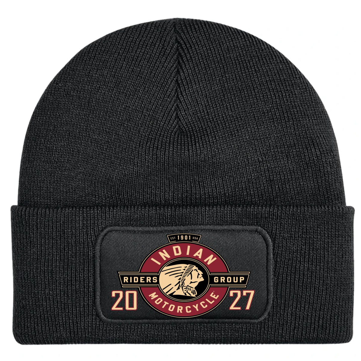 A black ribbed knit beanie hat with a folded cuff, featuring a rectangular printed patch on the front that reads 'Indian Riders Group Motorcycle 2027' with a Native American head illustration.