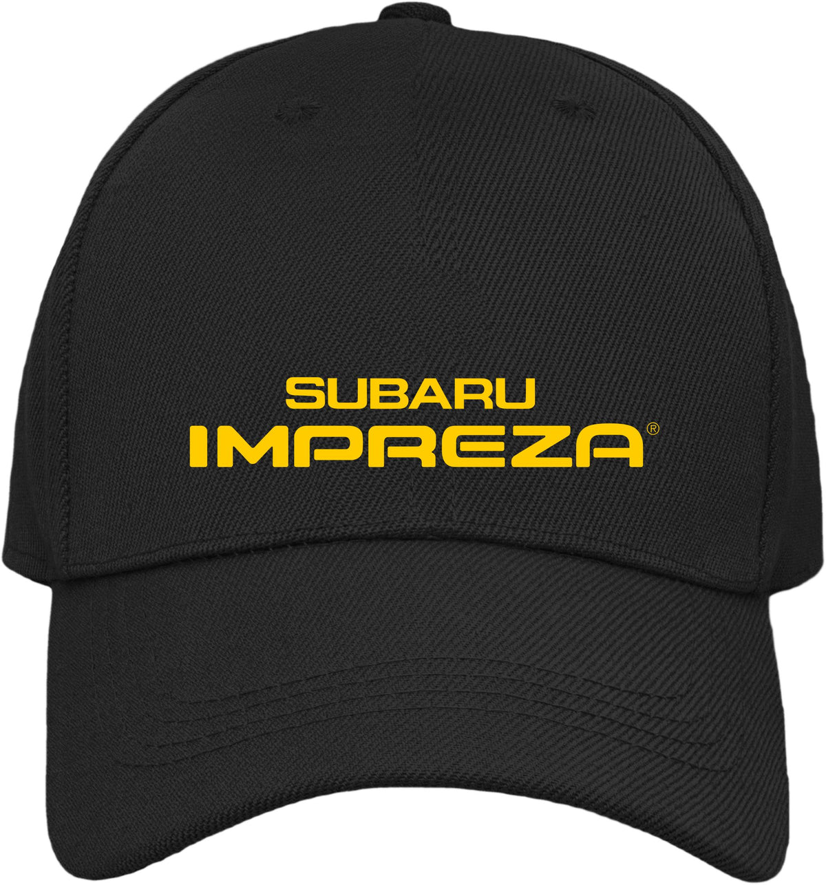 A black baseball cap featuring the yellow 'SUBARU IMPREZA' logo embroidered on the front, set against a plain white background.