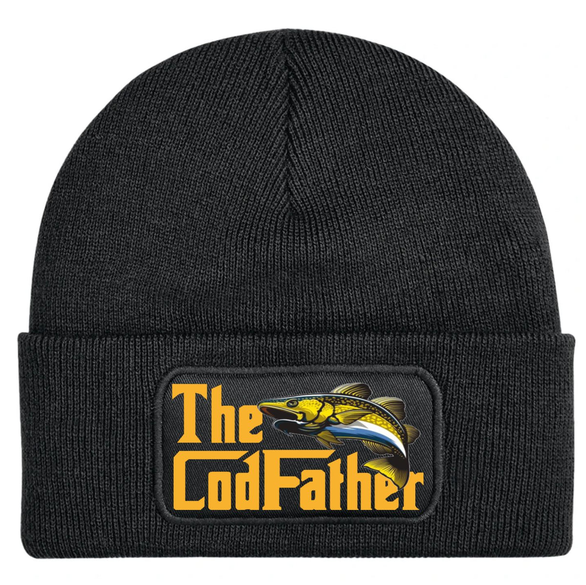 A black ribbed knit beanie hat featuring a rectangular printed patch on the front cuff with the text 'The CodFather' in yellow and a yellow-and-blue fish illustration.