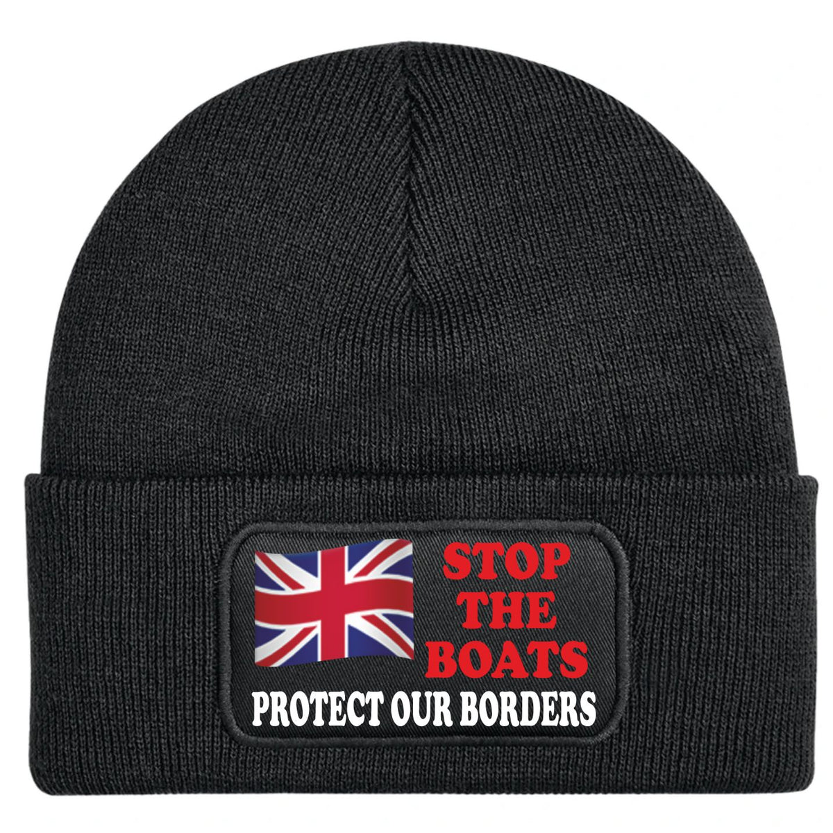 Black beanie hat with the text 'STOP THE BOATS - PROTECT OUR BORDERS