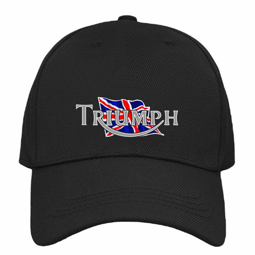 Black cap with Triumph logo featuring a British flag on a white background