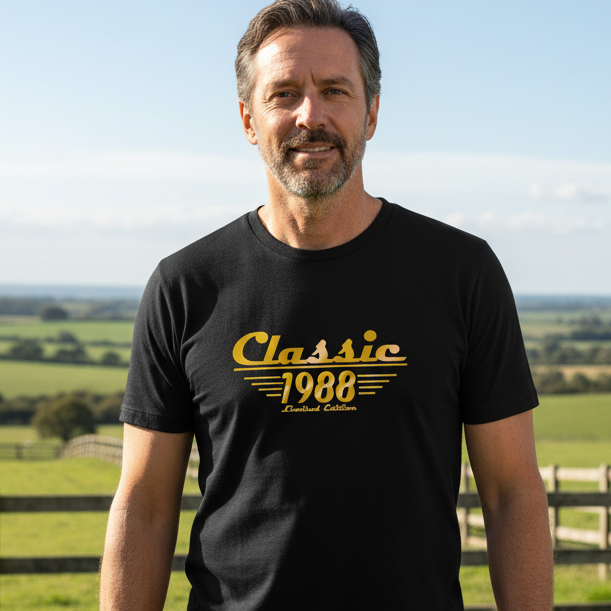 A black short-sleeve crewneck t-shirt with a retro-style yellow graphic on the chest reading 'Classic 1988 Limited Edition'.