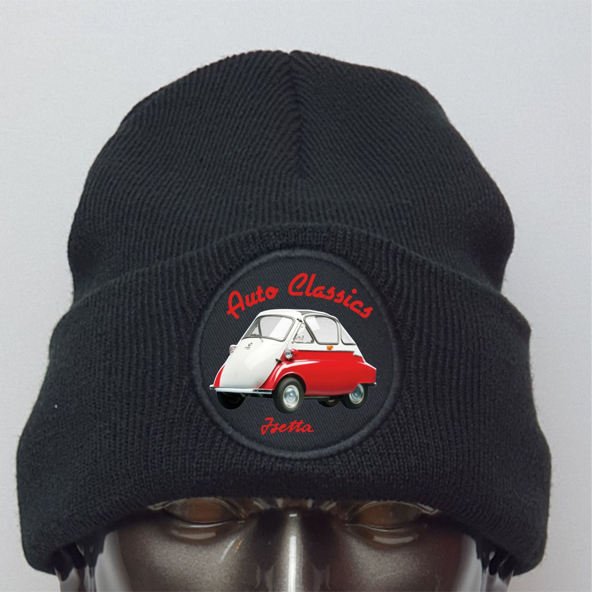 Black beanie with a red and white car design and 'Auto Classics' text on a gray background