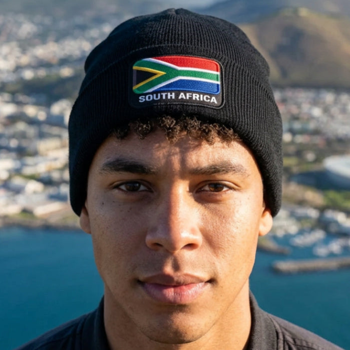 A black ribbed knit beanie hat featuring a printed South African flag patch on the front cuff with the text 'SOUTH AFRICA' underneath.