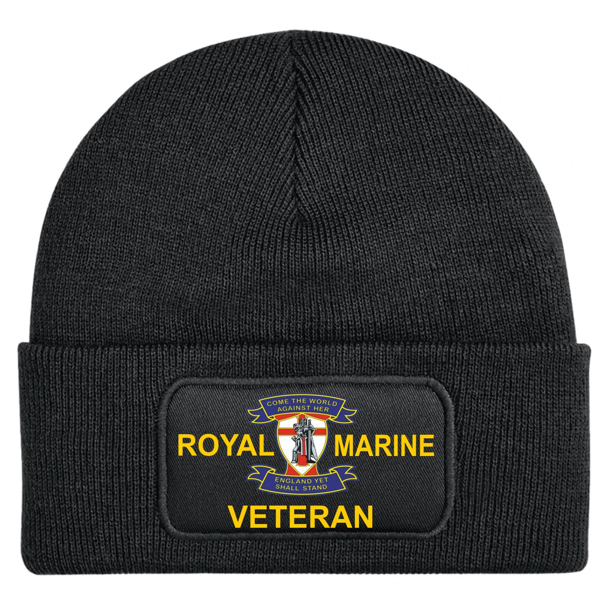 A black ribbed knit beanie hat with a folded cuff featuring a rectangular embroidered patch that reads 'ROYAL MARINE VETERAN' in yellow, with a Marine Corps emblem above.