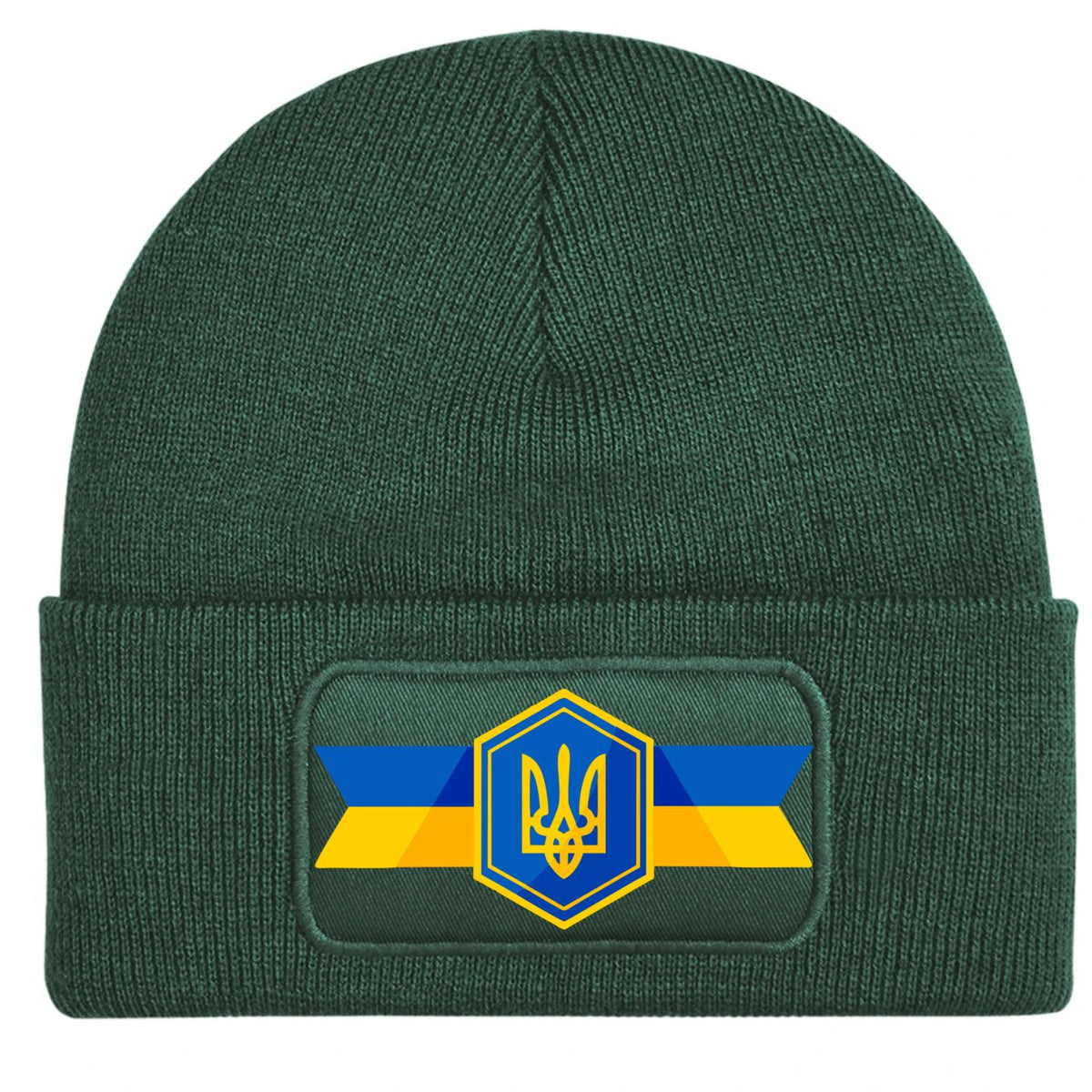 A dark green ribbed knit beanie hat featuring a rectangular patch on the front cuff with the Ukrainian flag and a gold trident emblem.