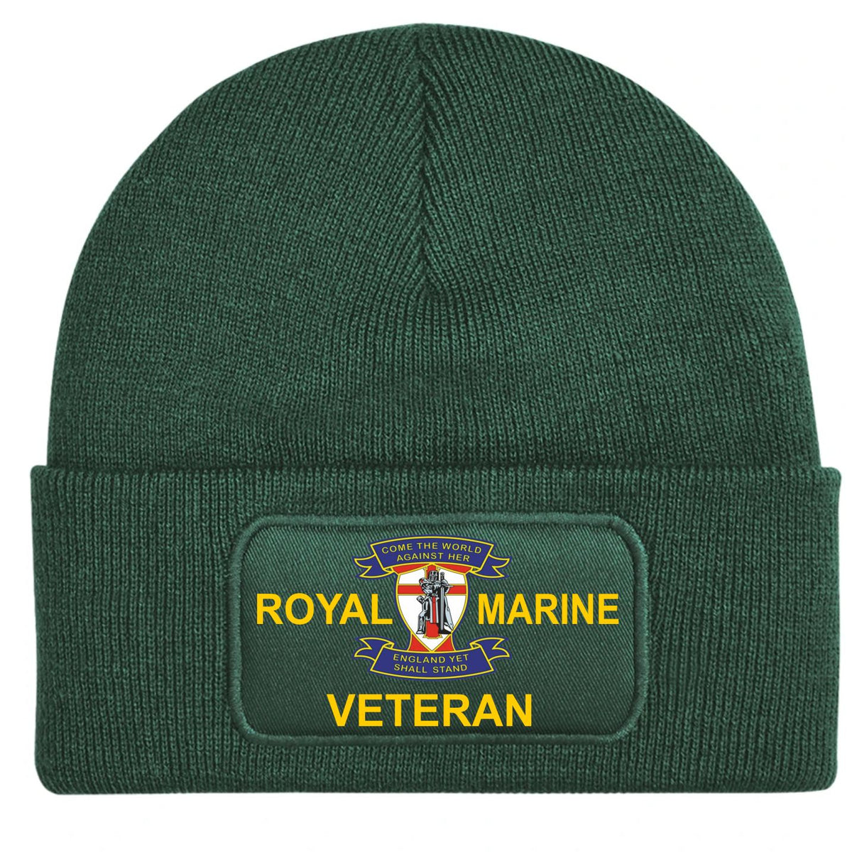 A dark green ribbed knit beanie hat with a folded cuff, featuring a printed Royal Marine Veteran patch on the front.