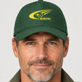A dark green baseball cap featuring a yellow printed Subaru World Rally Team logo on the front, set against a plain white background.