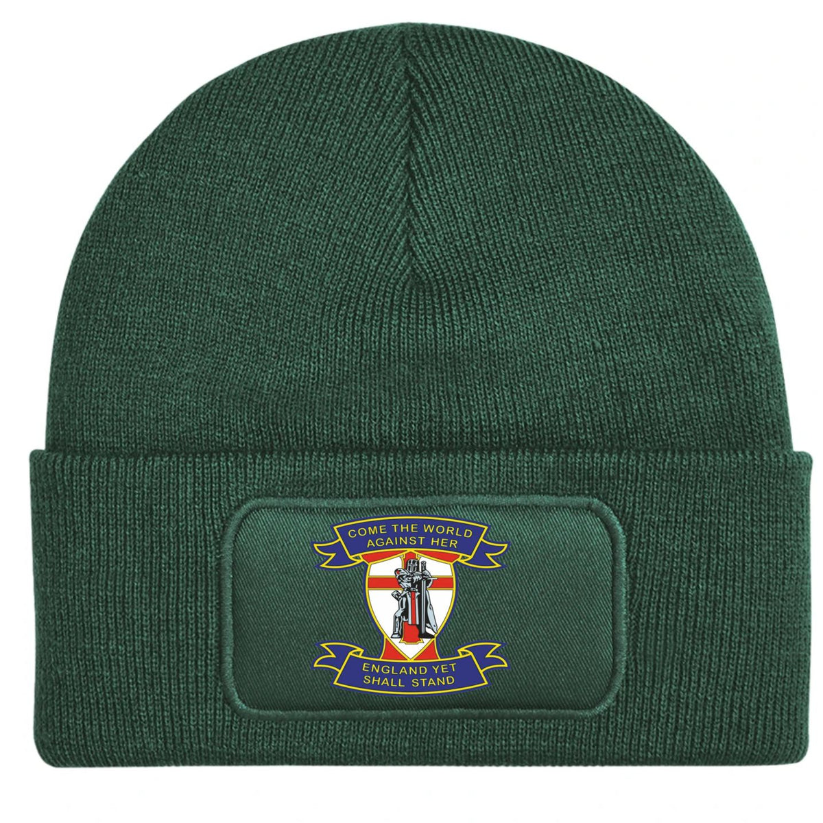 A dark green ribbed knit beanie hat with a folded cuff, featuring a rectangular patch on the front with a military emblem and the text 'COME THE WORLD AGAINST THEM' and 'ENGLAND WILL SMALL STAND'.