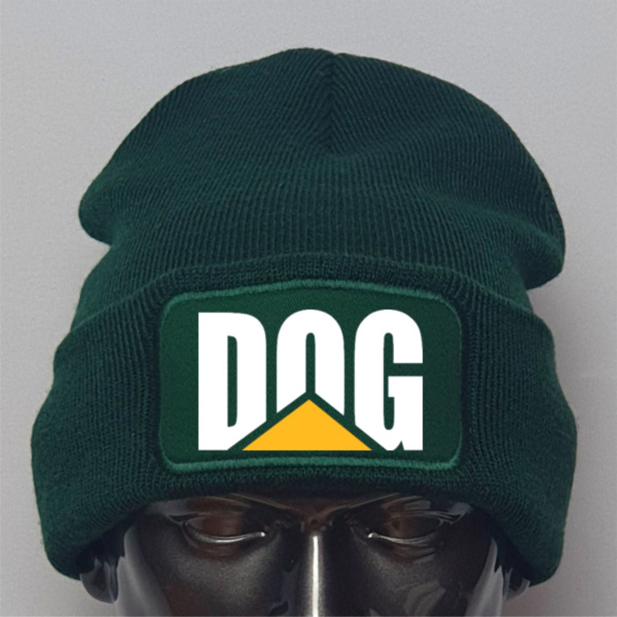 Green beanie with a logo on a gray background