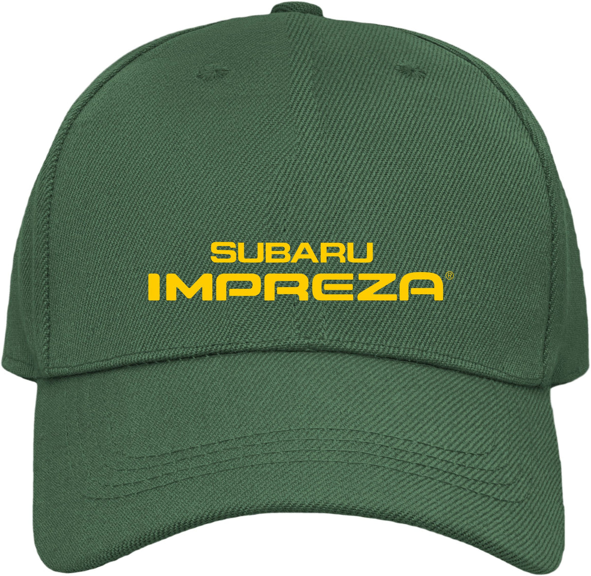 A dark green baseball cap with 'SUBARU IMPREZA' embroidered in yellow on the front, shown against a plain white background.