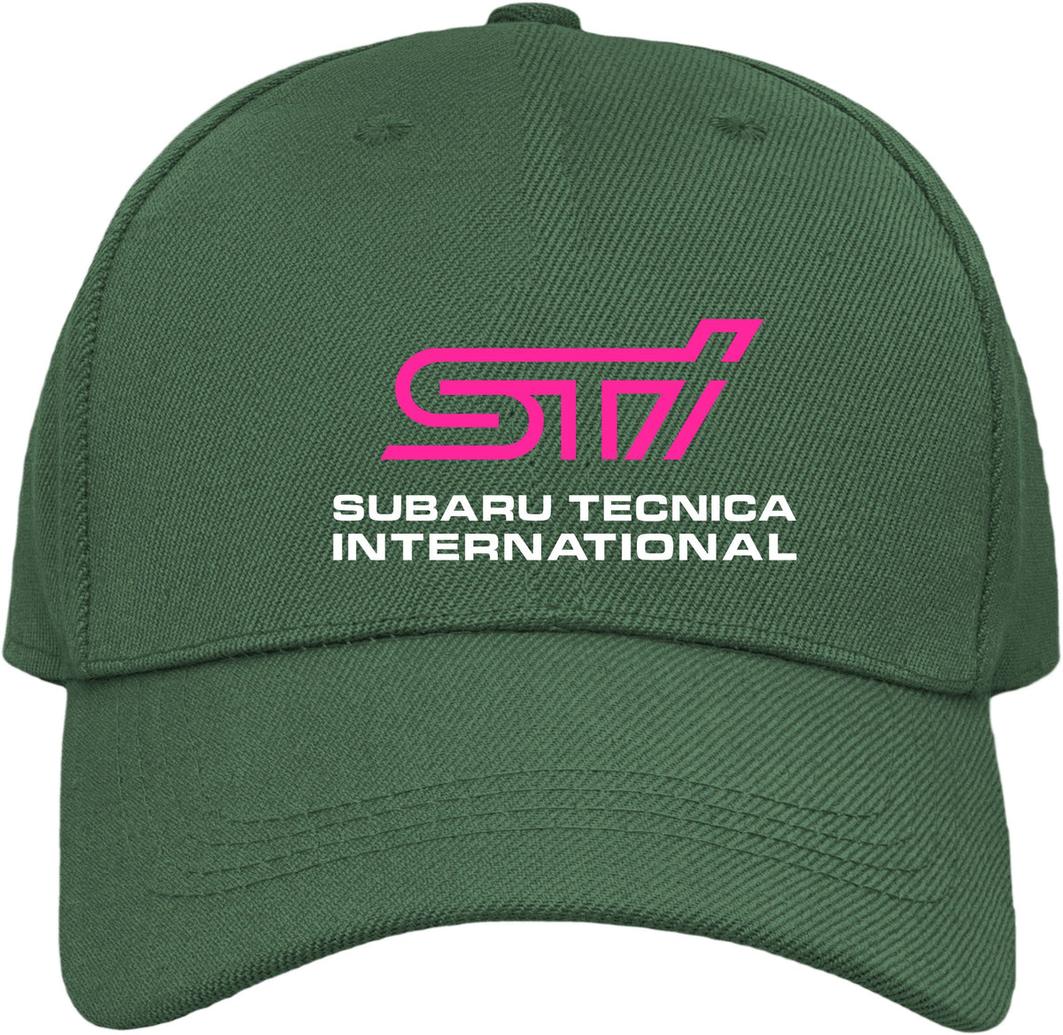 A dark green baseball cap with a pink-and-white printed Subaru Tecnica International logo on the front panel, set against a plain white background.