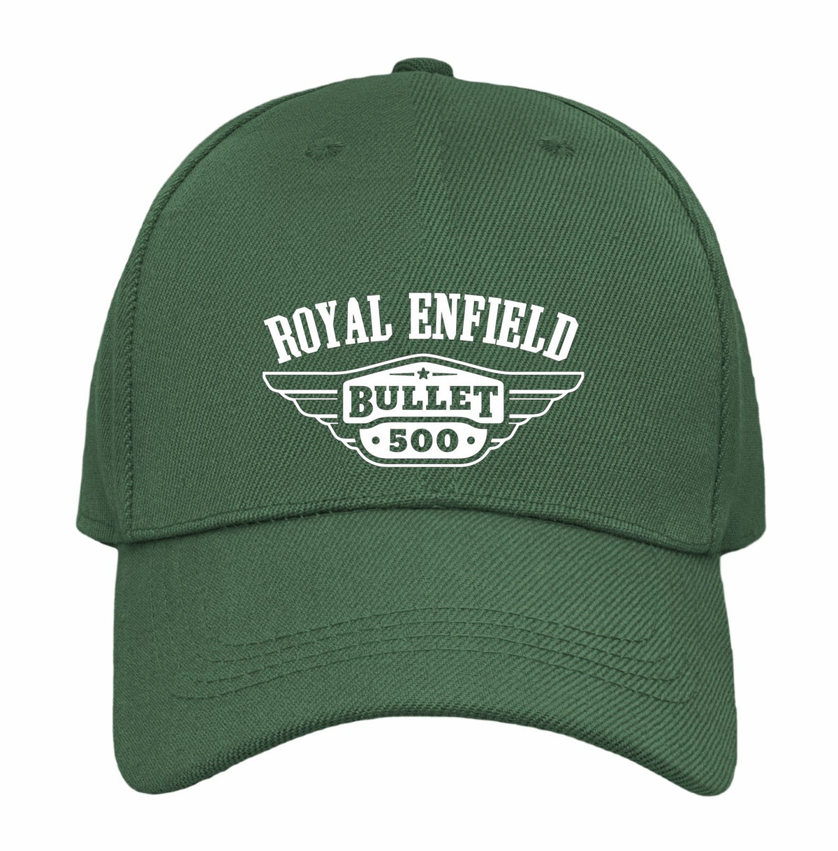 A dark green baseball cap with a white printedlogo on the front that reads 'ROYAL ENFIELD BULLET 500' with winged bullet graphics, shown on a plain white background.