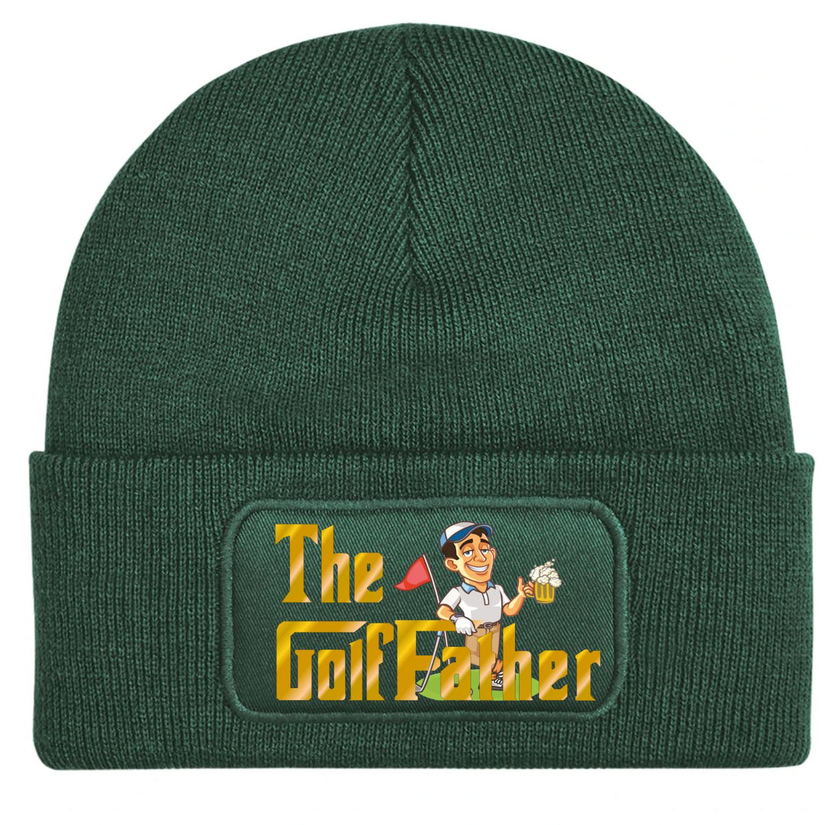 A dark green ribbed knit beanie hat featuring a rectangular printed patch on the front cuff. The patch displays the text 'The Golf Father' in yellow and green lettering, accompanied by a cartoon illustration of a golf course driver holding a golf ball and flag.