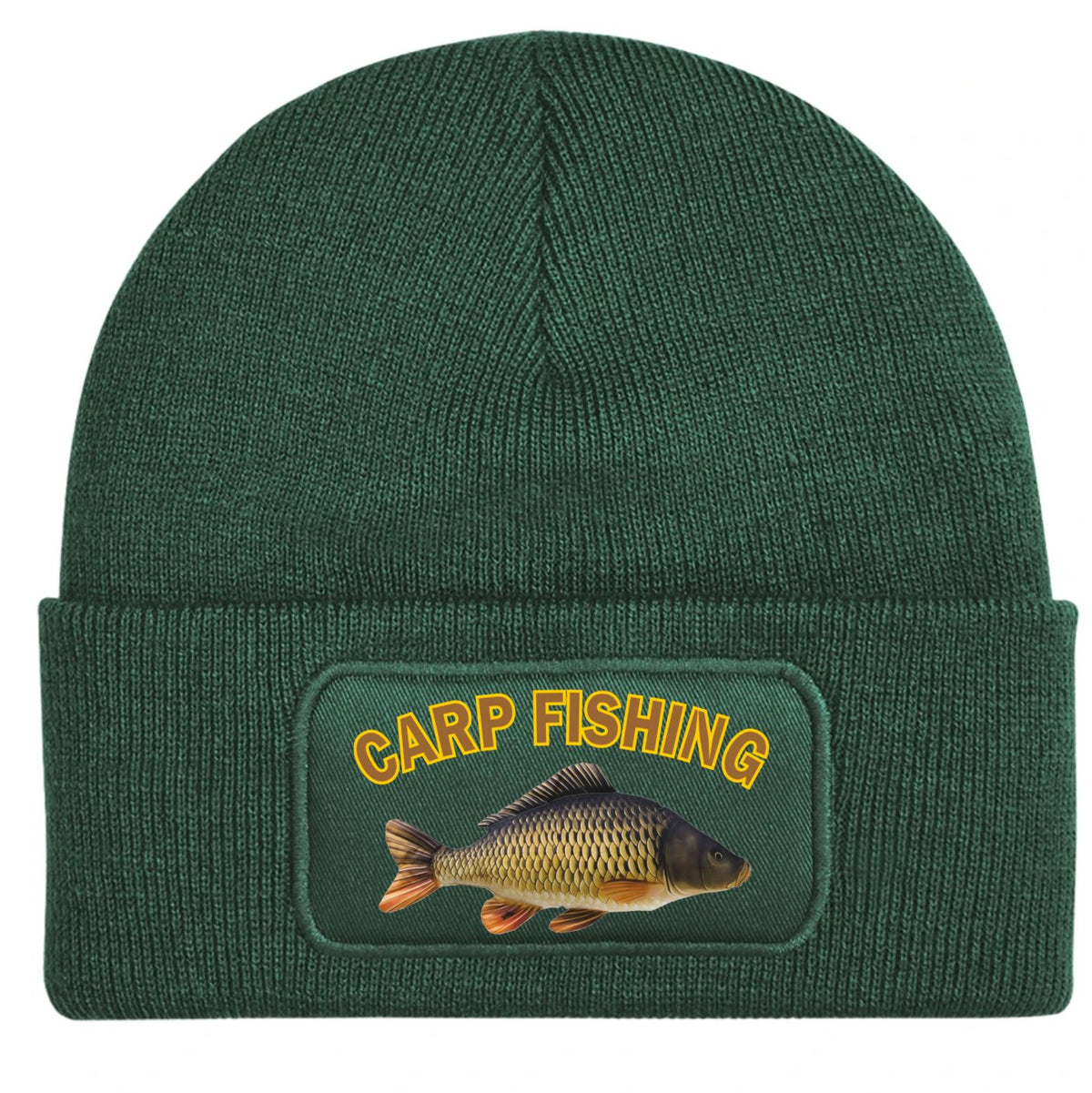 A dark green ribbed knit beanie hat featuring a rectangular printed patch on the front cuff with the words 'CARP FISHING' in yellow and an illustration of a carp fish.