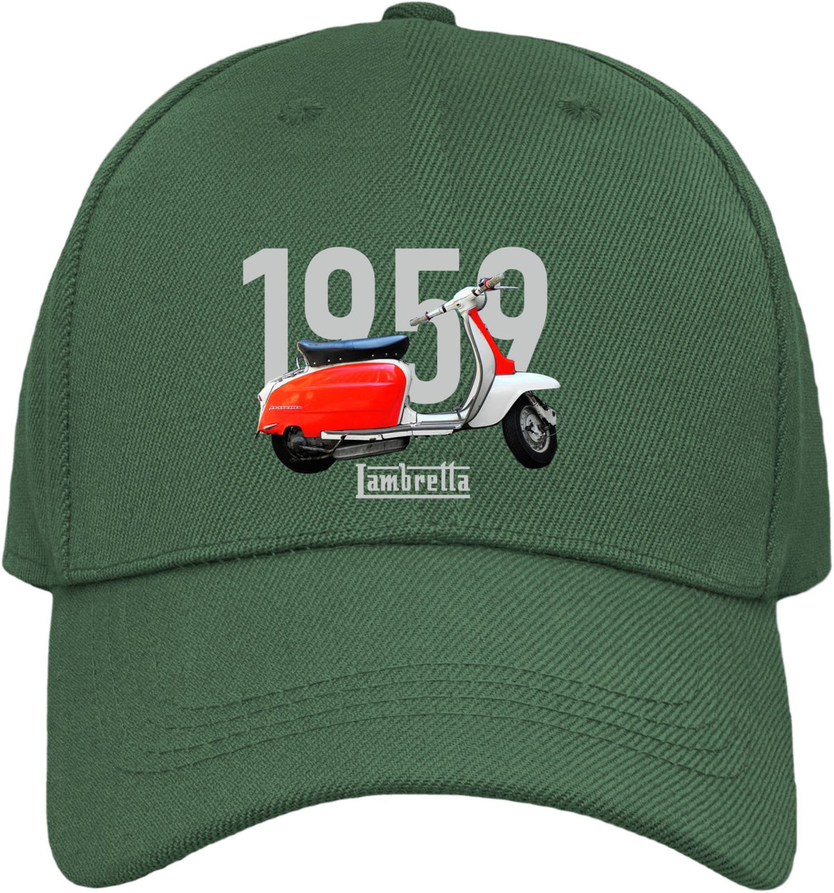 A dark green baseball cap featuring a graphic of a red and white 1959 Vespa Tambretta scooter in front of large white '1959' text.