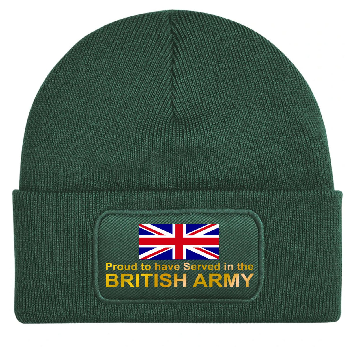 Green beanie hat with a Union Jack image and gold text 'Proud to have served in the British Army