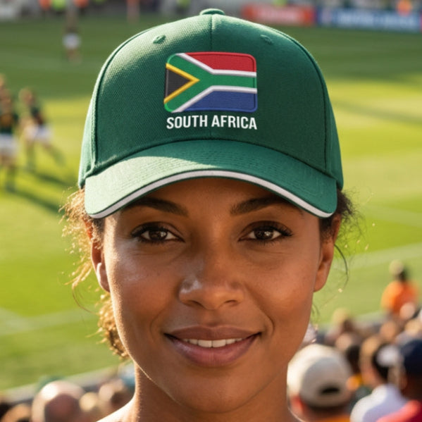 A dark green baseball cap featuring a faux embroidered South African flag on the front with the text 'SOUTH AFRICA' underneath, and 'Custom Text' printed in yellow on the brim.