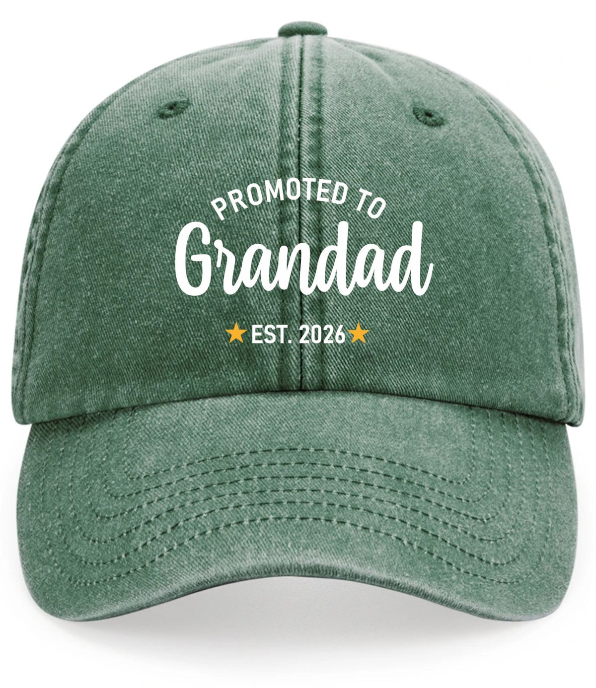 Vintage Baseball Cap in bottle green with the text 'Promoted to Grandad 2026'