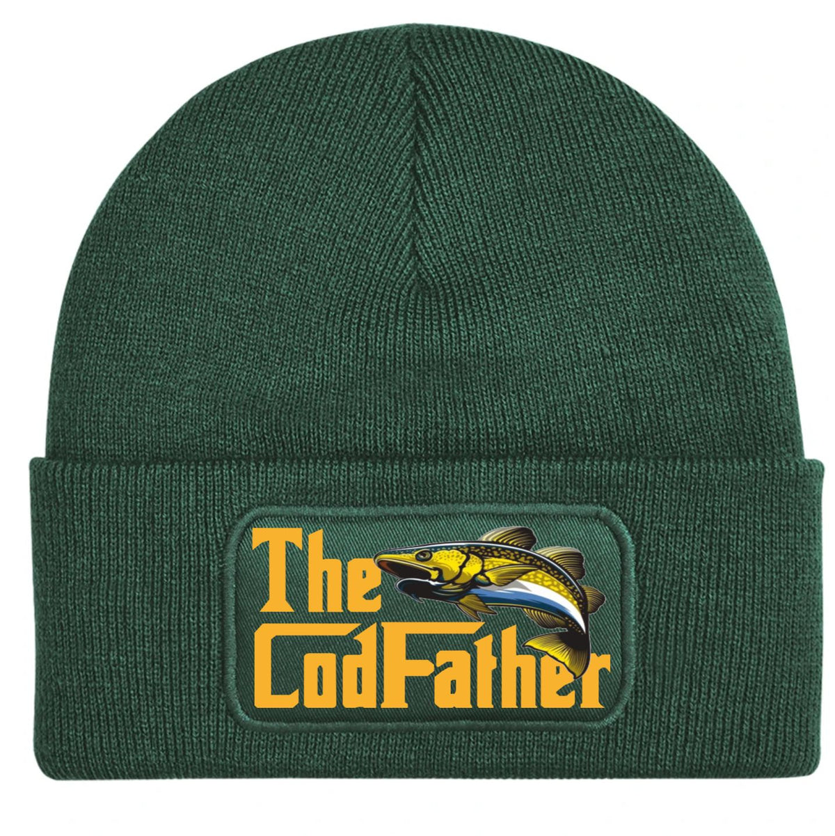 A dark green ribbed knit beanie hat featuring a rectangular printed patch on the front cuff with the text 'The Godfather' in yellow and an illustration of a fish.