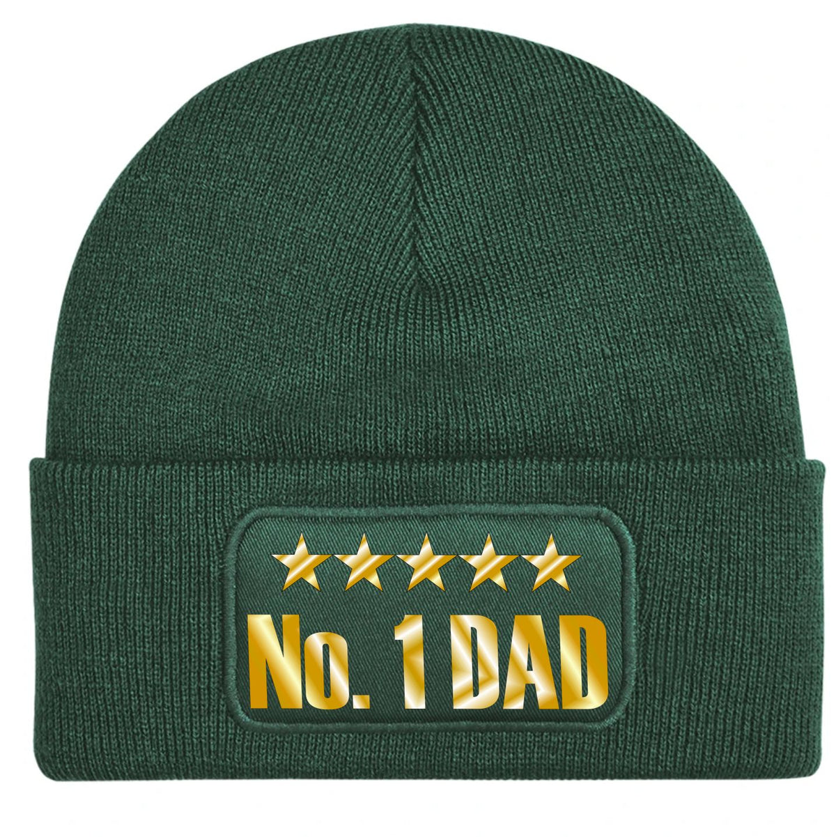 A dark green ribbed knit beanie hat with a folded cuff featuring a rectangular patch that reads 'No. 1 DAD' in gold lettering below five gold stars.