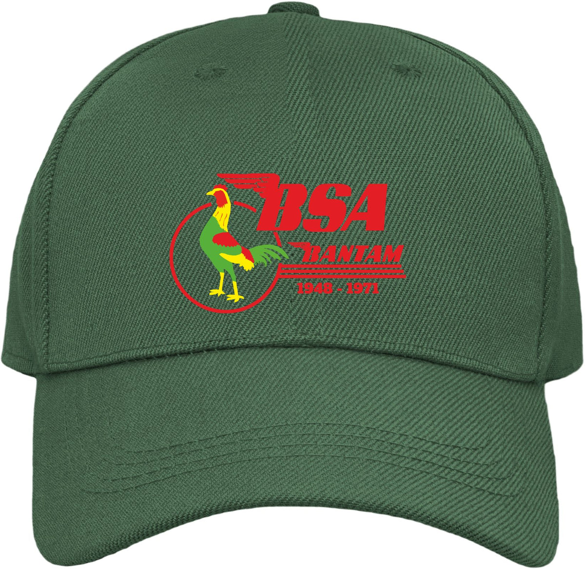 A dark green baseball cap featuring a custom embroidered logo on the front. The logo includes a red and yellow bird inside a red circle, with the text 'RSA' in red and 'JANTAM 1989 - 2025' in red and white.
