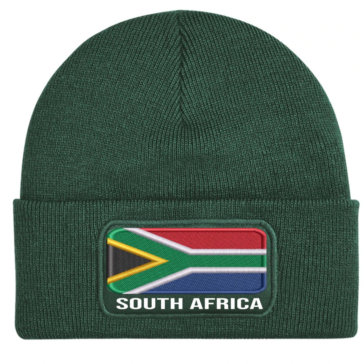 A dark green ribbed knit beanie hat featuring an embroidered South African flag patch on the front cuff with the text 'SOUTH AFRICA' below it.