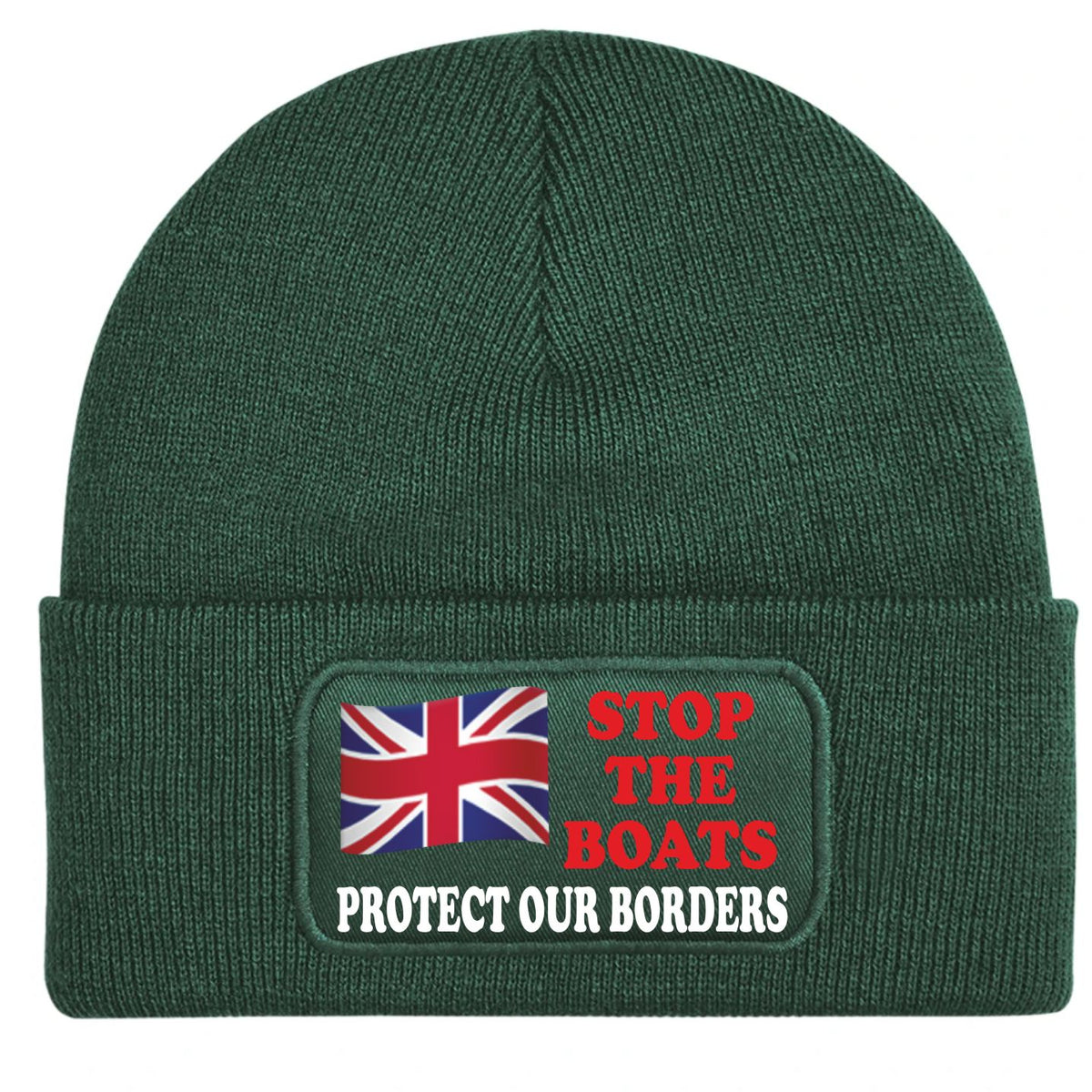 Bottle Green beanie hat with the text 'STOP THE BOATS - PROTECT OUR BORDERS