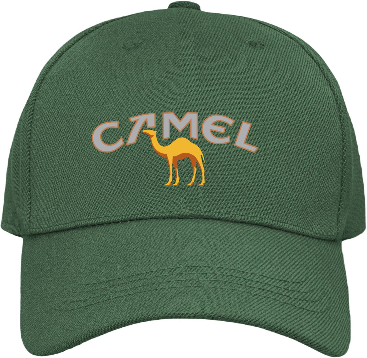 A dark green baseball cap featuring an embroidered design on the front with the word 'CAMEL' in light pink outlined letters and a yellow camel silhouette.