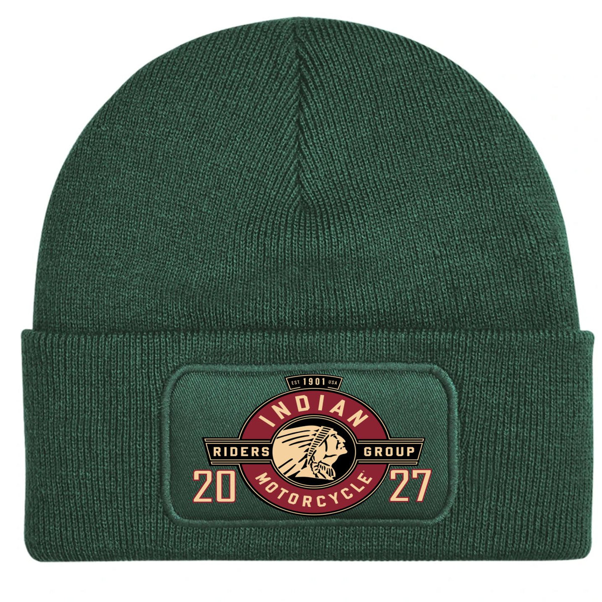 A dark forest green ribbed knit beanie hat with a folded cuff, featuring a rectangular embroidered patch on the front. The patch displays a circular design with the text 'INDIAN RIDERS GROUP', '1981', 'MOTORCYCLE', and the numbers '20' and '27' in beige and light orange, surrounding a Native American profile illustration.
