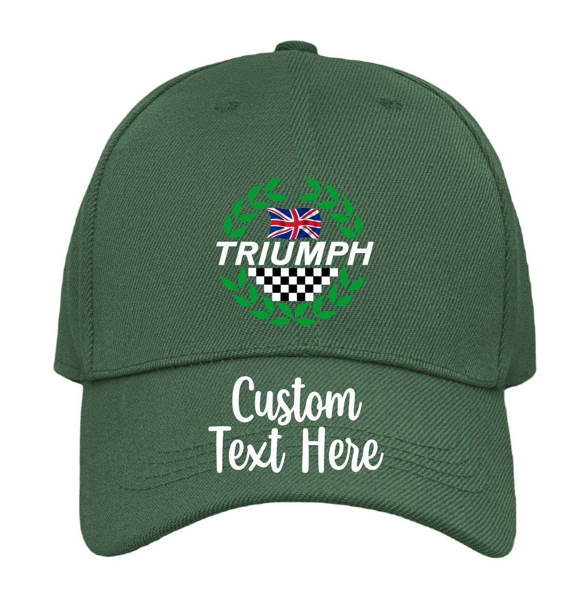 A dark green baseball cap with a custom design on the front. The design features a green wreath, a black and white checkered pattern, a small Union Jack flag, and the word 'TRIUMPH' in white.