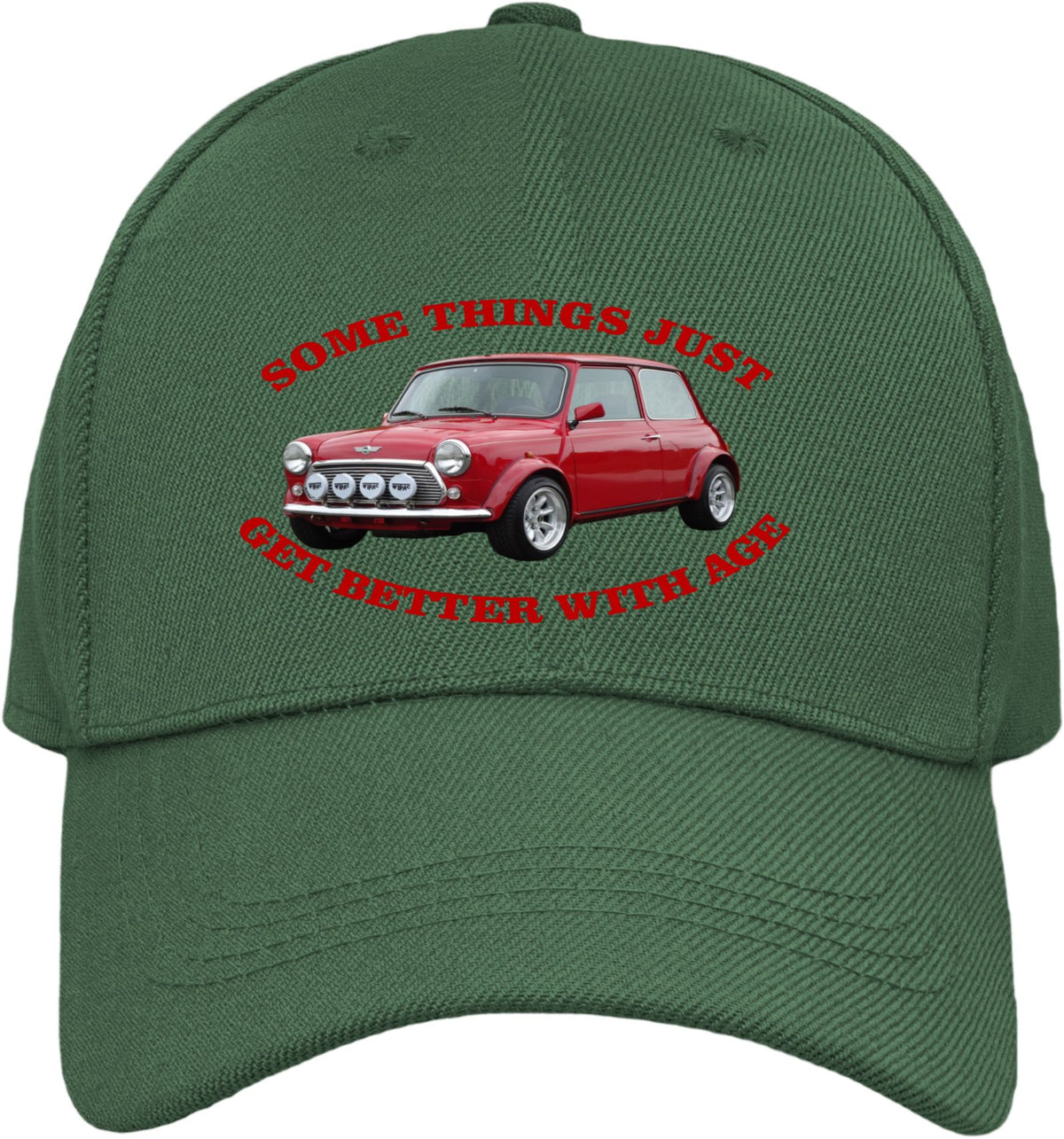 A dark green baseball cap featuring a red Mini Cooper car graphic and the red text 'SOME THINGS JUST GET BETTER WITH AGE' on the front.