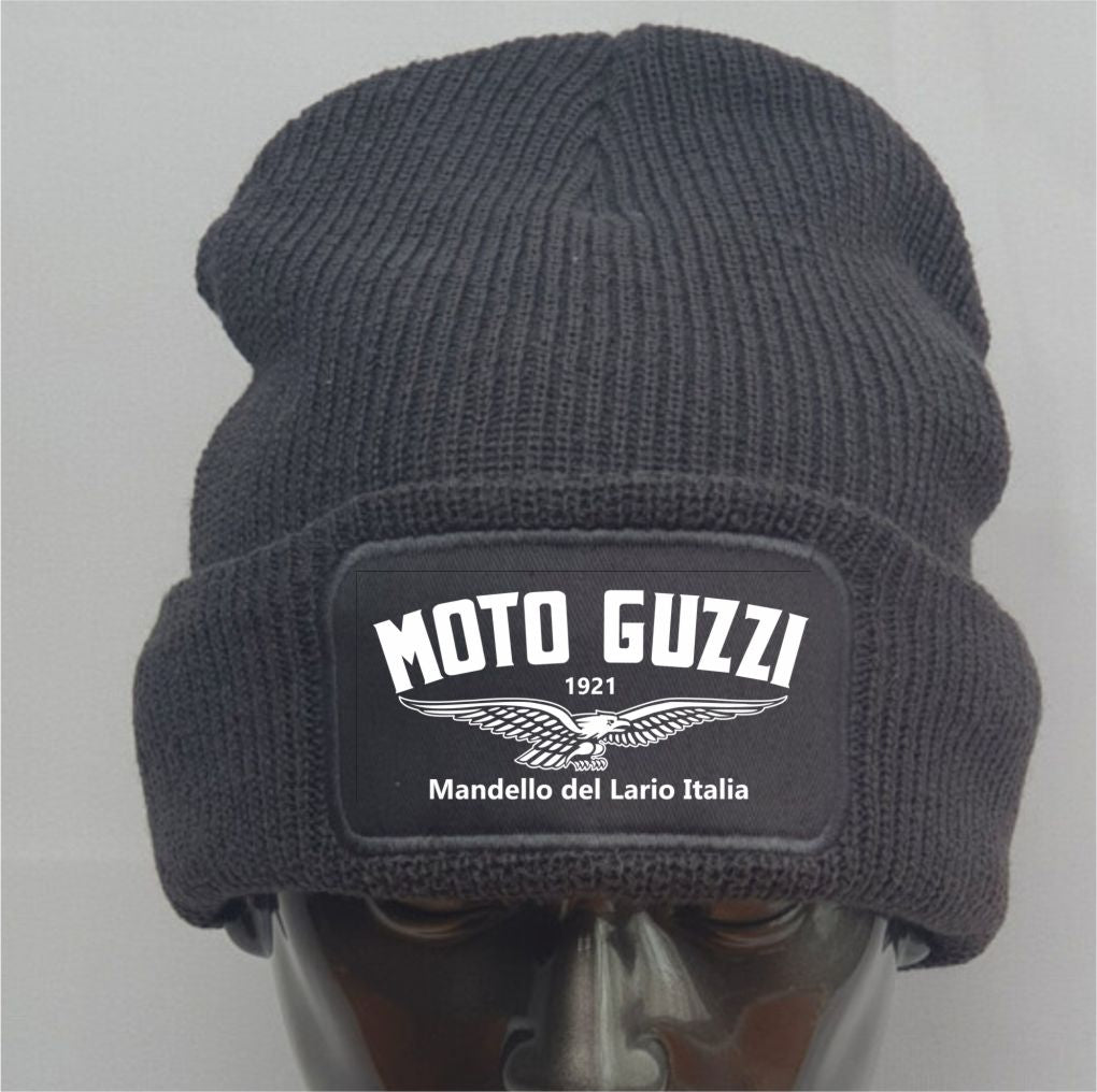 Gray knit beanie with Moto Guzzi logo on a mannequin head against a gray background