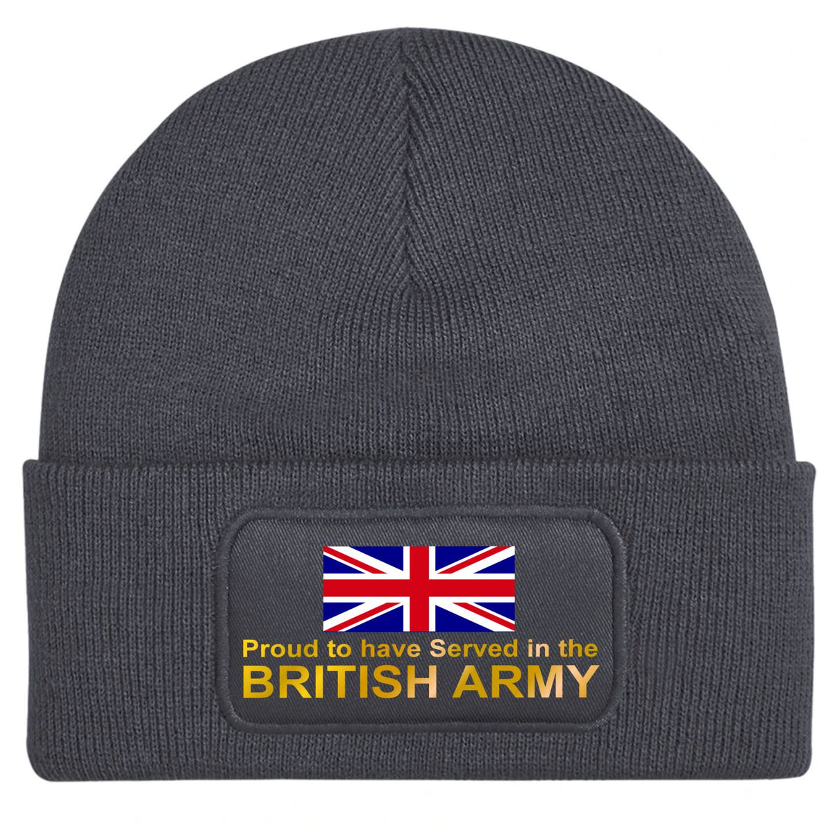 Charcoal Grey beanie hat with a Union Jack image and gold text 'Proud to have served in the British Army