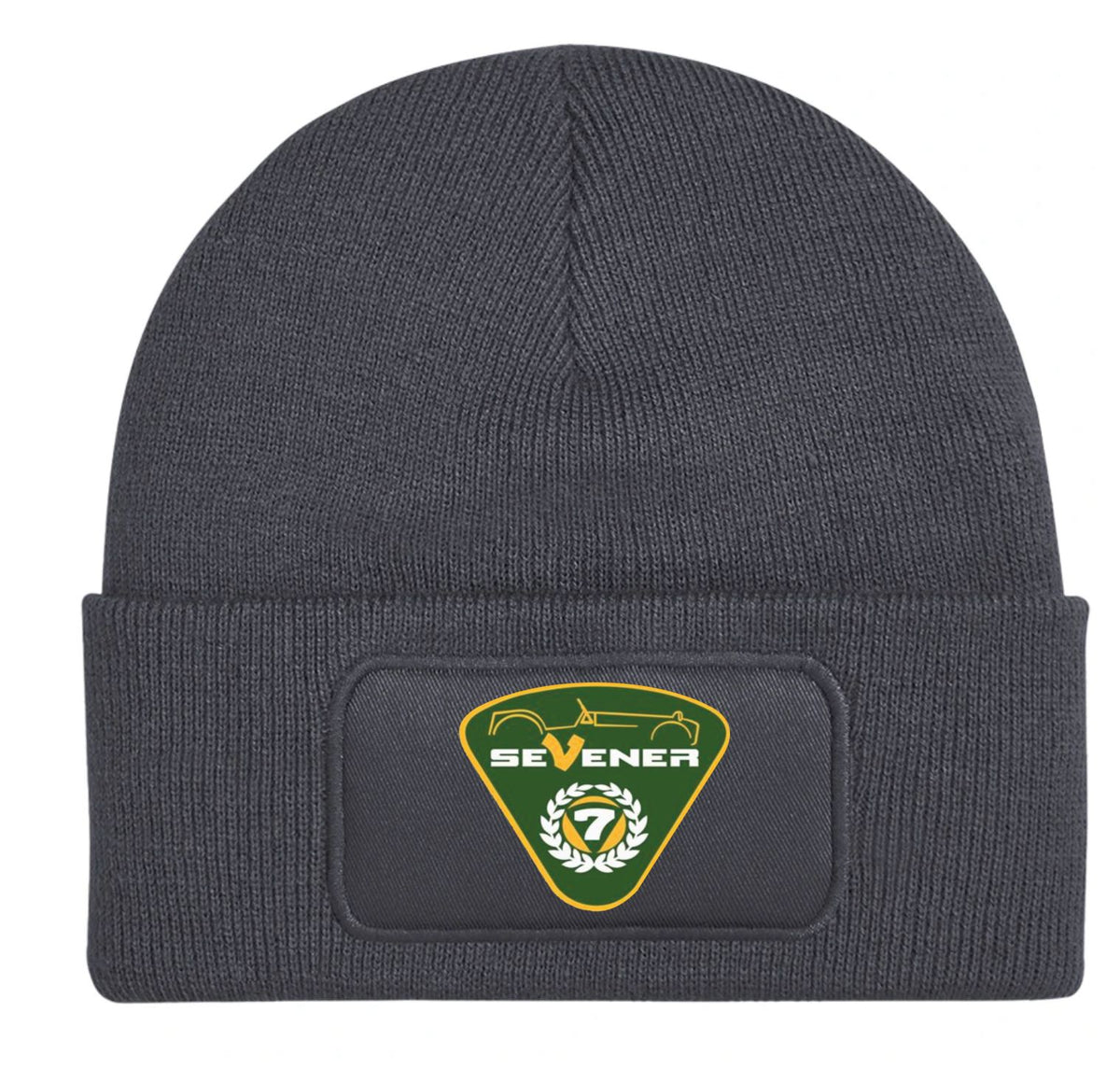 A dark gray ribbed knit beanie hat featuring a rectangular patch on the front cuff with a green, yellow, and white 'SEVENER' logo.