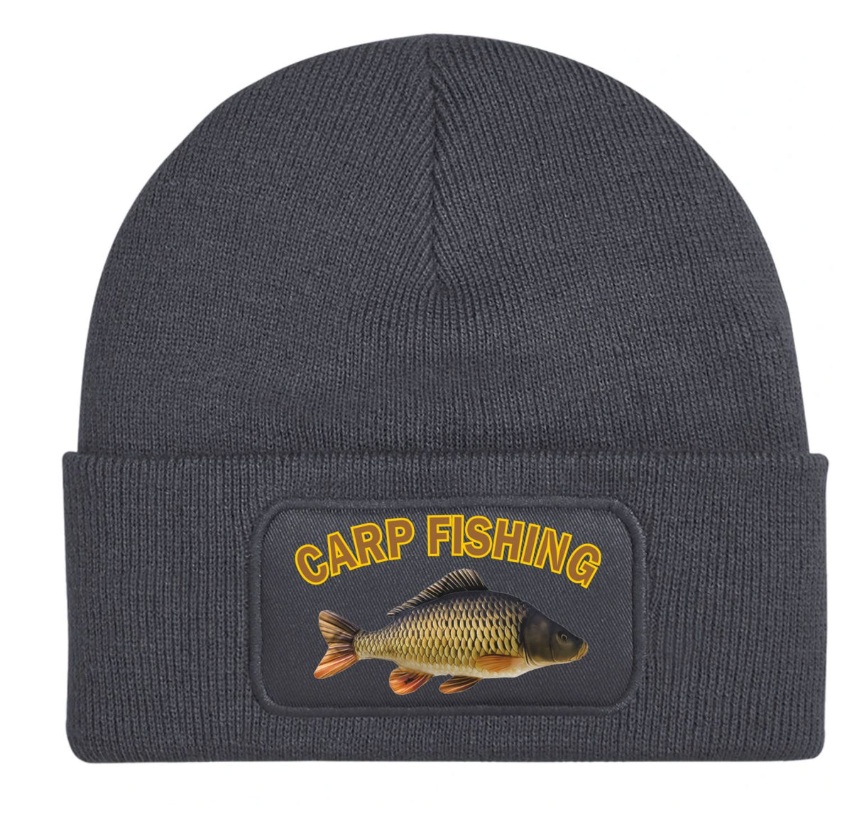 A dark grey ribbed knit beanie hat featuring a rectangular printed patch on the front cuff with the words 'CARP FISHING' in yellow and an illustration of a carp fish.