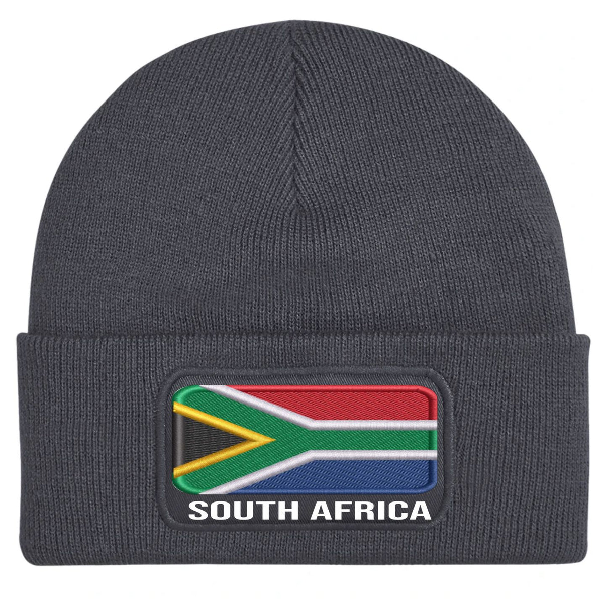 A dark gray ribbed knit beanie hat featuring a South African flag patch on the front cuff with the text 'SOUTH AFRICA' underneath.