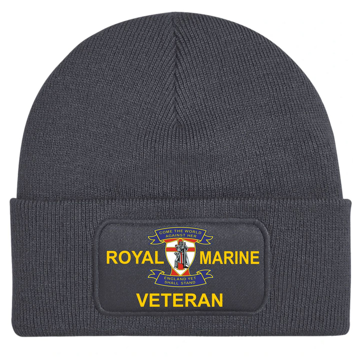 A dark gray ribbed knit beanie hat with a folded cuff, featuring a rectangular printed patch on the front that reads 'ROYAL MARINE VETERAN' in yellow text with a Marine Corps emblem in the center.