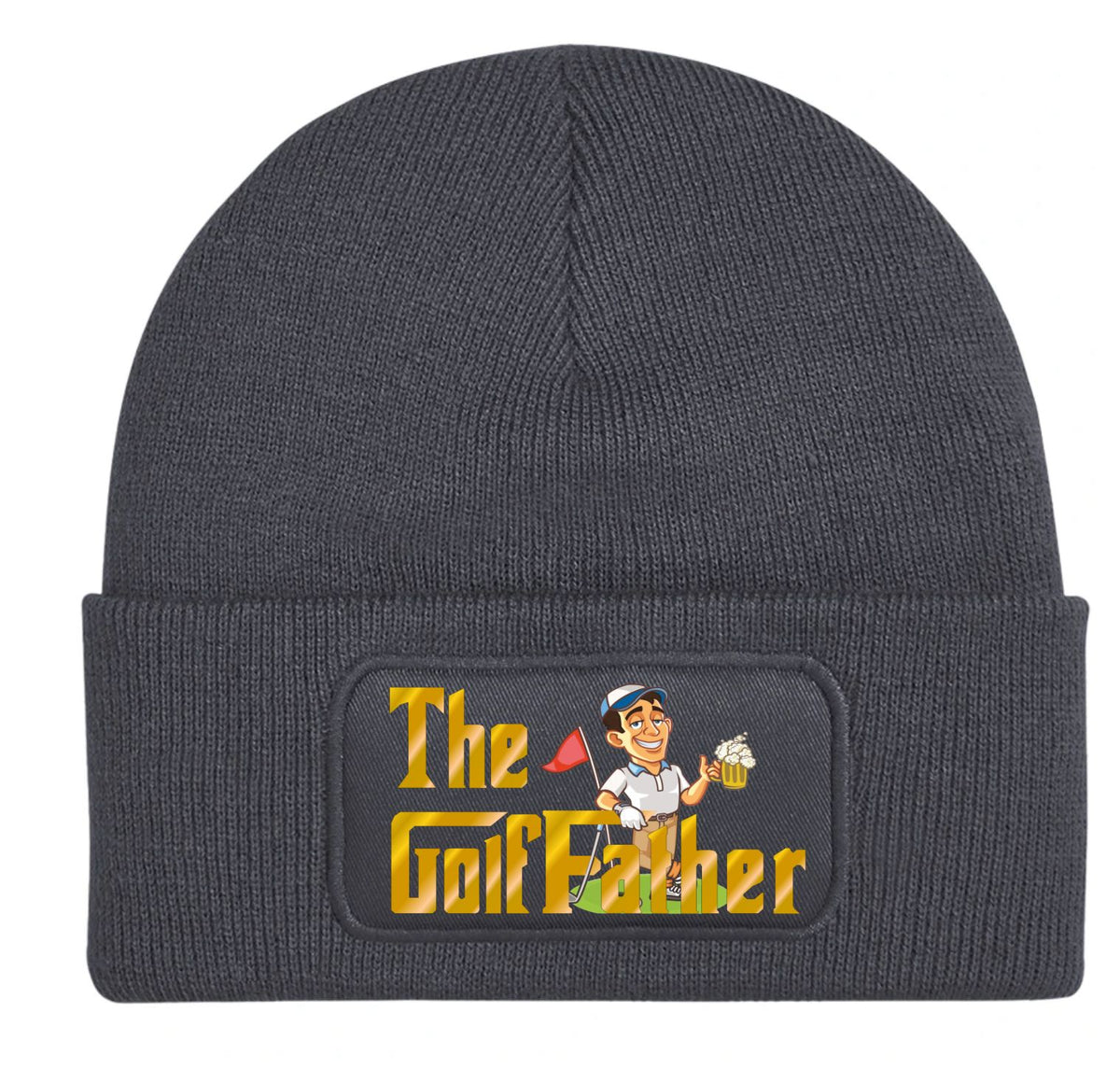 A dark gray ribbed knit beanie hat featuring a rectangular printed patch on the front cuff. The patch displays the text 'The Golf Father' in yellow and shows a cartoon golf course driver holding a flag and a beer mug.