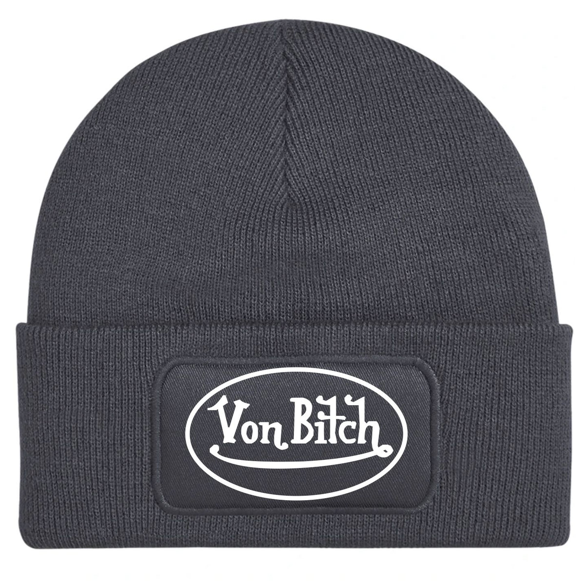 A dark charcoal gray ribbed knit beanie hat featuring a black rectangular patch on the front cuff with the white text logo 'Von Bitch'.