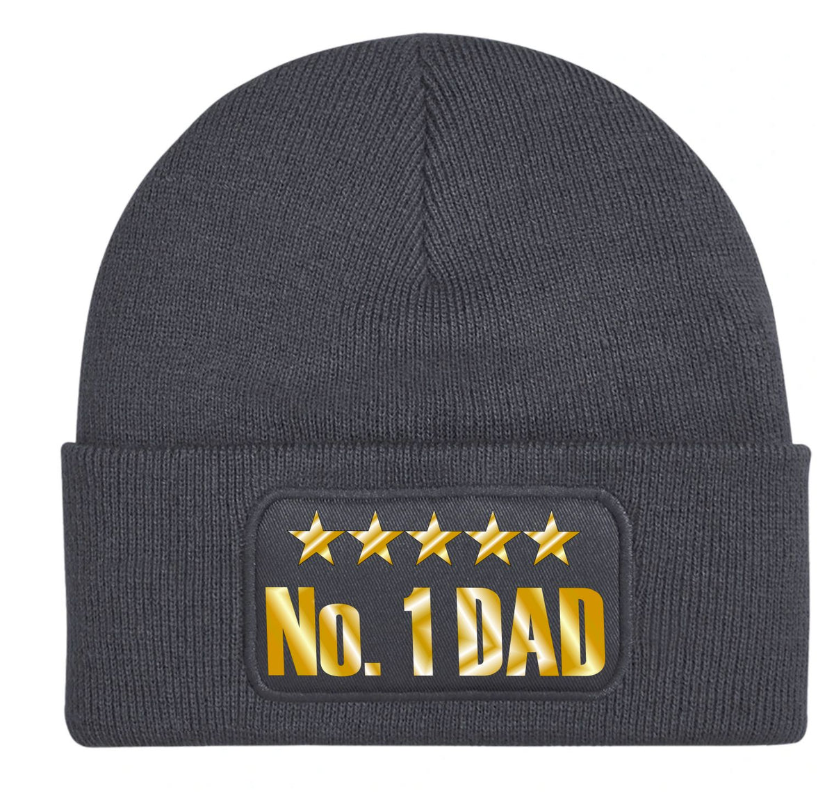 A dark gray ribbed knit beanie hat featuring a front patch with five gold stars and the text 'No. 1 DAD' in gold lettering on a black background.