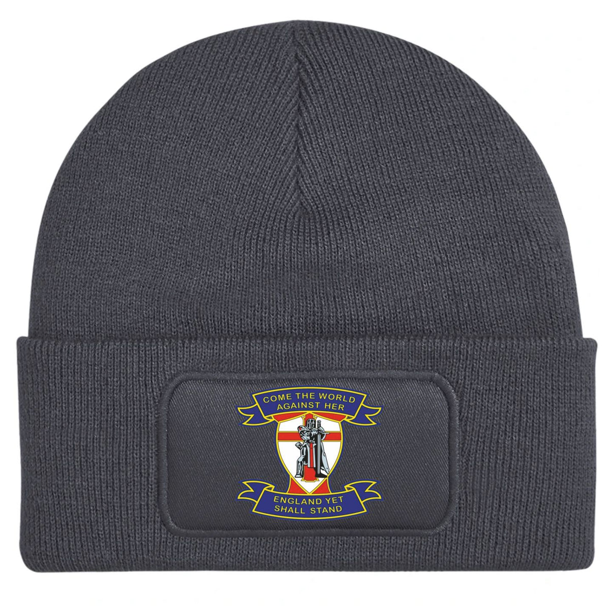 A dark gray ribbed knit beanie hat with a folded cuff, featuring a rectangular patch on the front with a historical British flag design and the text 'GIVE THE WORLD AGAINST HER ENGLAND YET SHALL STAND'.