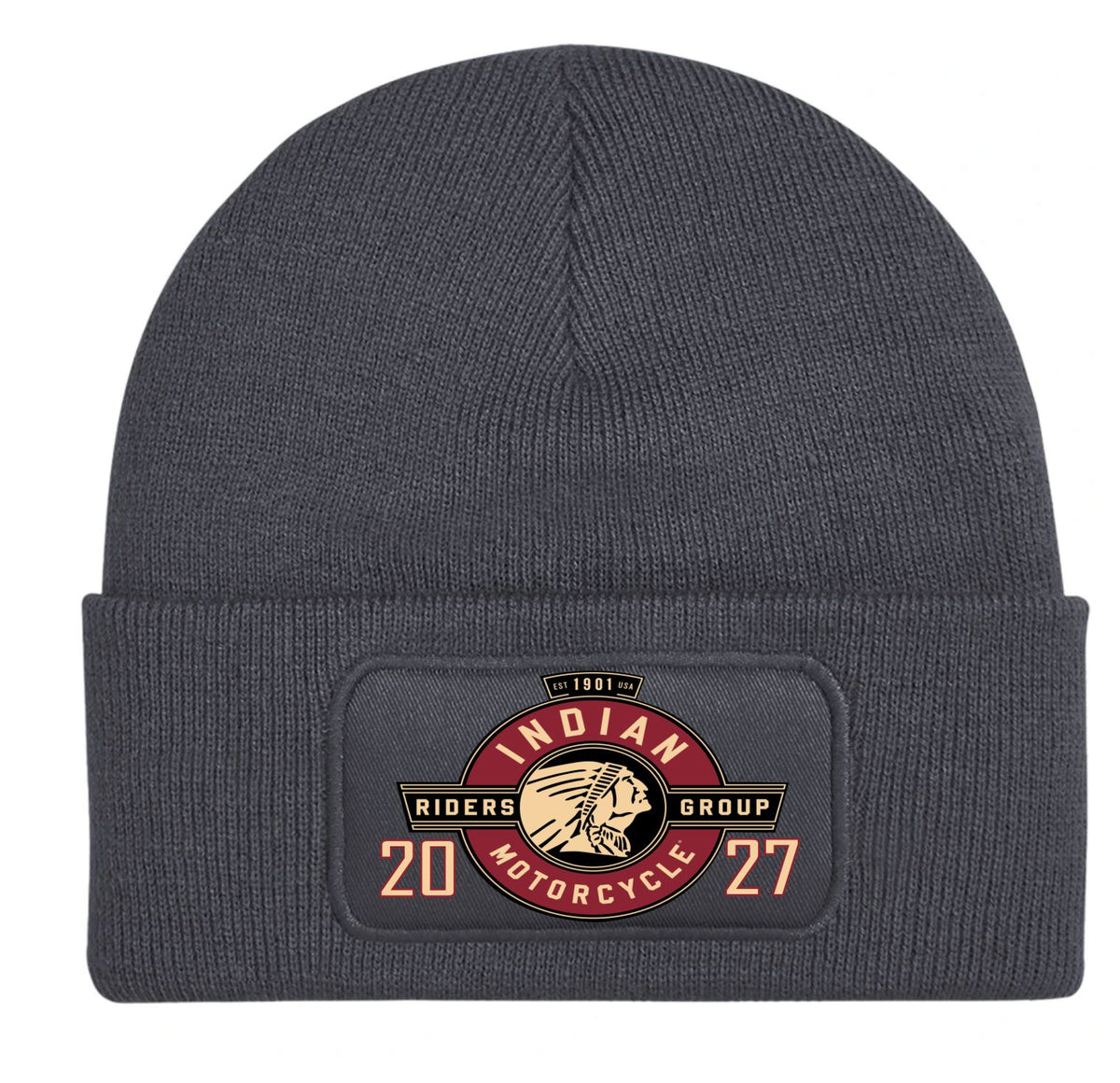 A dark gray ribbed knit beanie hat featuring a rectangular patch on the front cuff with the text 'Indian Riders Group Motorcycle 2027' and a Native American head graphic.