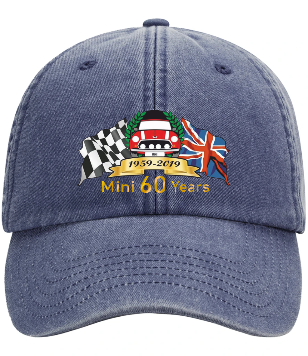 Blue cap with Mini Cooper and British flag design celebrating 60 years.