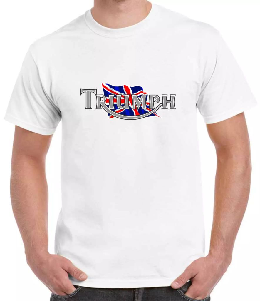 White t-shirt with Triumph logo featuring a British flag design on a white background